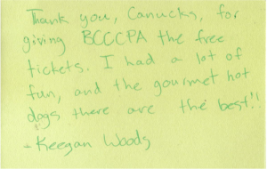 Letter from Canucks fan, Keegan Woods
