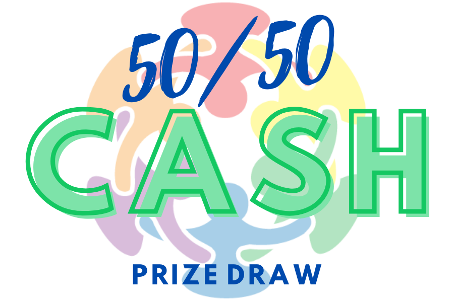 50/50 cash prize draw overlaid onto ccfs logo